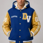 Blue and Gold Hooded Wool and Leather Letterman Varsity Jacket