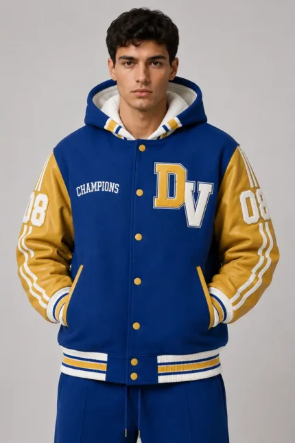 Blue and Gold Hooded Wool and Leather Letterman Varsity Jacket