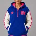 Blue and White Half Zip Hooded Wool and Leather Varsity Jacket