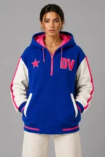 Blue and White Half Zip Hooded Wool and Leather Varsity Jacket