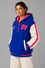 Blue and White Half Zip Hooded Wool and Leather Varsity Jacket For Sale