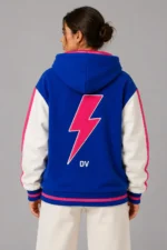 Blue and White Half Zip Hooded Wool and Leather Varsity Jacket For Women