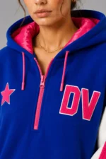Blue and White Half Zip Hooded Wool and Leather Varsity Jacket On Sale
