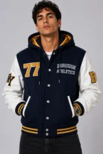 Borough Athletics Exclusive Hooded Varsity Jacket Navy White