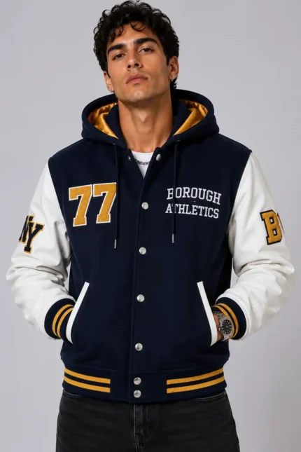 Borough Athletics Exclusive Hooded Varsity Jacket Navy White