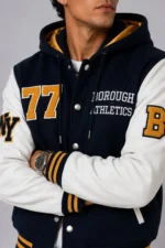 Borough Athletics Exclusive Hooded Varsity Jacket Navy White For Sale