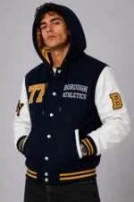 Borough Athletics Exclusive Hooded Varsity Jacket Navy White On Sale