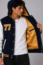 Borough Athletics Exclusive Hooded Varsity Jacket Navy White Sale