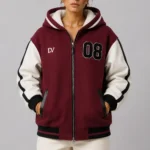Burgundy Wool and Cream Leather Hooded Letterman Varsity Jacket