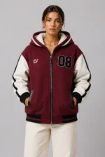 Burgundy Wool and Cream Leather Hooded Letterman Varsity Jacket