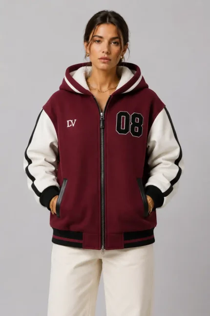 Burgundy Wool and Cream Leather Hooded Letterman Varsity Jacket
