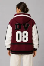 Burgundy Wool and Cream Leather Hooded Letterman Varsity Jacket For Sale