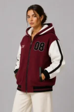 Burgundy Wool and Cream Leather Hooded Letterman Varsity Jacket For Women