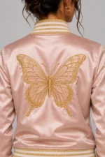 Buy Butterfly Embroidered Pink Satin Letterman Varsity Jacket