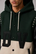 Buy Colourblock Green and Black Hooded Wool Varsity Jacket