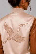 Buy Crane Embroidered Nude Satin Leather Sleeve Letterman Varsity Jacket