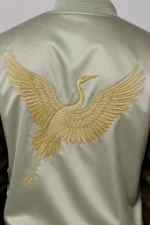 Buy Crane Embroidered Sage Satin Leather Sleeve Letterman Varsity Jacket
