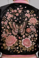 Buy Floral Butterfly Embroidered Black Satin Letterman Varsity Jacket