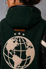 Buy Green Wool Black Leather Hooded Letterman Varsity Jacket