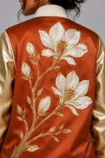 Buy Magnolia Embroidered Terracotta Duchess Satin Letterman Varsity Jacket