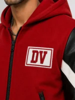 Buy Red and Black Hooded Wool and Leather Varsity Jacket