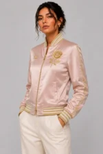 Buy Rose Butterfly Embroidered Pink Satin Letterman Varsity Jacket