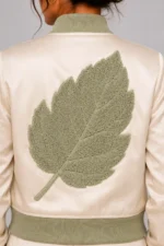 Buy Womens Ivory Duchess Satin Varsity Jacket with Sage Chenille Leaf Back