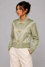 Buy Women's Sage Duchess Satin Varsity Jacket Chenille Circle Back
