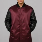 Chenille Arch Burgundy Duchess Satin Longline Letterman Varsity Jacket