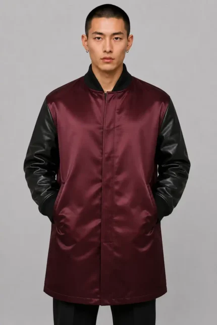 Chenille Arch Burgundy Duchess Satin Longline Letterman Varsity Jacket