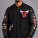 Classic Chicago Bulls Wool Varsity Leather Jacket Black