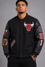 Classic Chicago Bulls Wool Varsity Leather Jacket Black