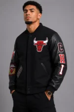 Classic Chicago Bulls Wool Varsity Leather Jacket Black For Men and Women