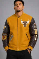 Classic Chicago Bulls Wool Varsity Leather Jacket Brown and Yellow