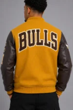 Classic Chicago Bulls Wool Varsity Leather Jacket Brown and Yellow For Sale