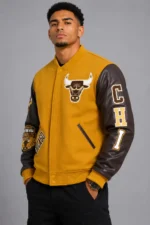 Classic Chicago Bulls Wool Varsity Leather Jacket Brown and Yellow On Sale
