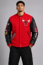 Classic Chicago Bulls Wool Varsity Leather Jacket Red and Black