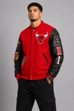 Classic Chicago Bulls Wool Varsity Leather Jacket Red and Black On Sale