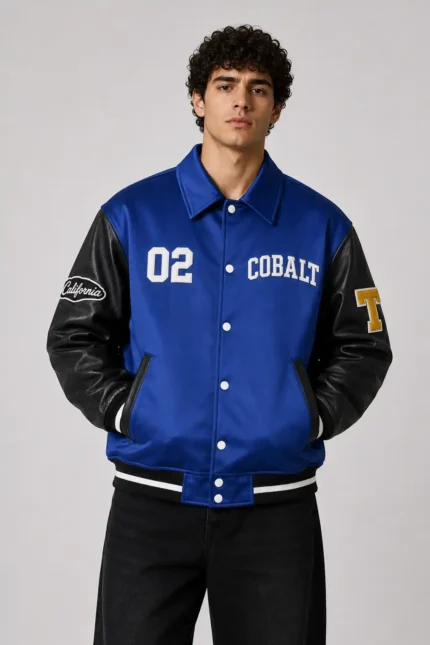 Cobalt Athletic Club Exclusive Satin Varsity Jacket Black Leather