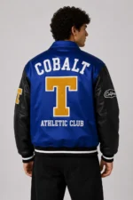 Cobalt Athletic Club Exclusive Satin Varsity Jacket Black Leather For Sale
