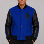 Cobalt Blue Wool Black Leather Slim Letterman Varsity Jacket