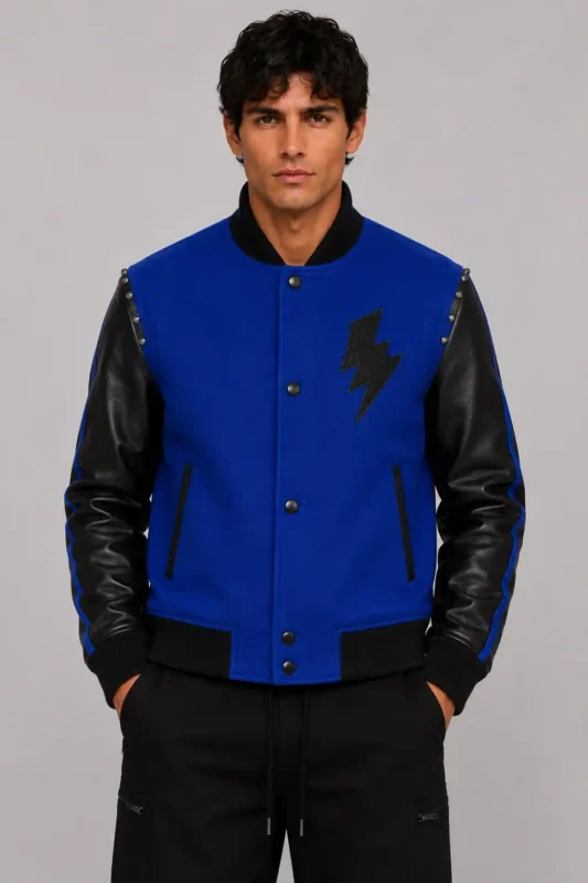 Cobalt Blue Wool Black Leather Slim Letterman Varsity Jacket