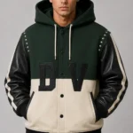 Colourblock Green and Black Hooded Wool Varsity Jacket
