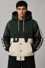 Colourblock Green and Black Hooded Wool Varsity Jacket