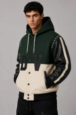 Colourblock Green and Black Hooded Wool Varsity Jacket For Men
