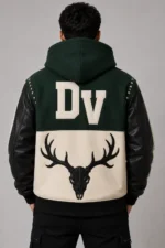 Colourblock Green and Black Hooded Wool Varsity Jacket For Sale