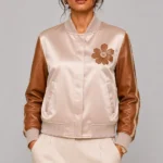 Crane Embroidered Nude Satin Leather Sleeve Letterman Varsity Jacket