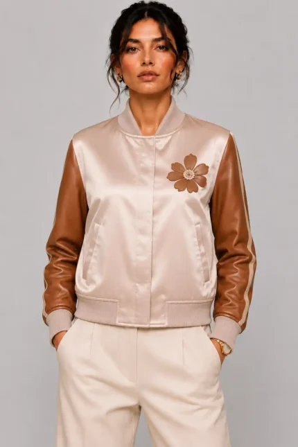 Crane Embroidered Nude Satin Leather Sleeve Letterman Varsity Jacket
