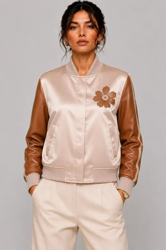 Crane Embroidered Nude Satin Leather Sleeve Letterman Varsity Jacket
