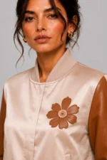 Crane Embroidered Nude Satin Leather Sleeve Letterman Varsity Jacket For Sale